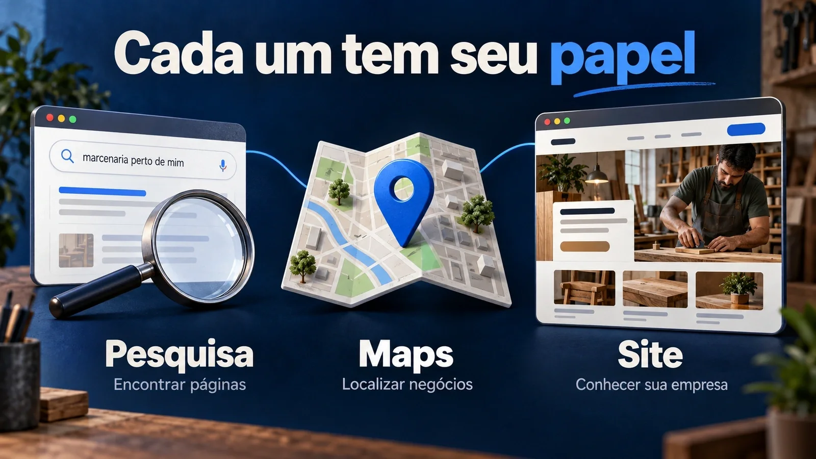 Ilustração dos papéis da Pesquisa, para encontrar páginas; Maps, para localizar negócios; e Site, para conhecer a empresa.
