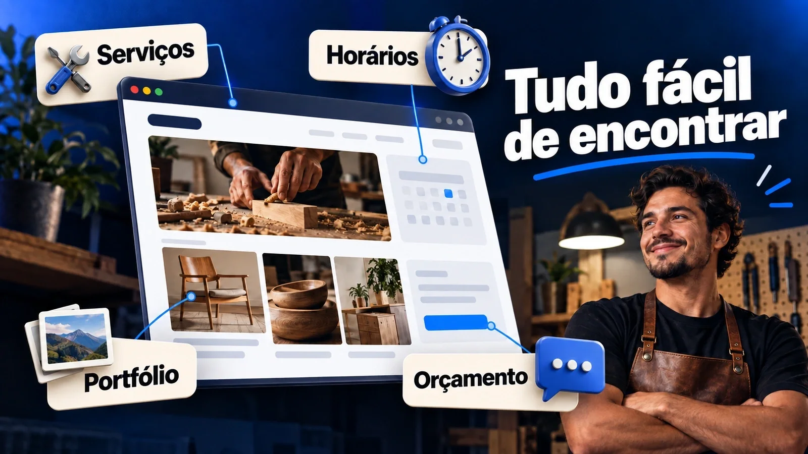 Ilustração de um site de marcenaria com quatro informações em destaque: serviços, horários, portfólio e orçamento.