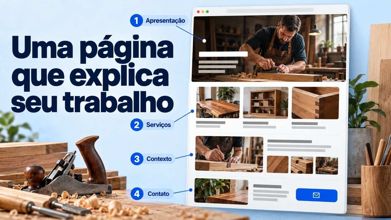 Página ilustrativa de marcenaria com quatro partes identificadas: apresentação, serviços, contexto e contato.