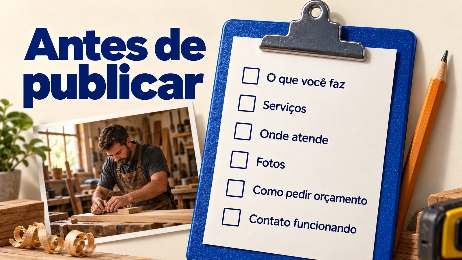 Prancheta Antes de publicar com seis itens: o que você faz, serviços, onde atende, fotos, como pedir orçamento e contato funcionando.