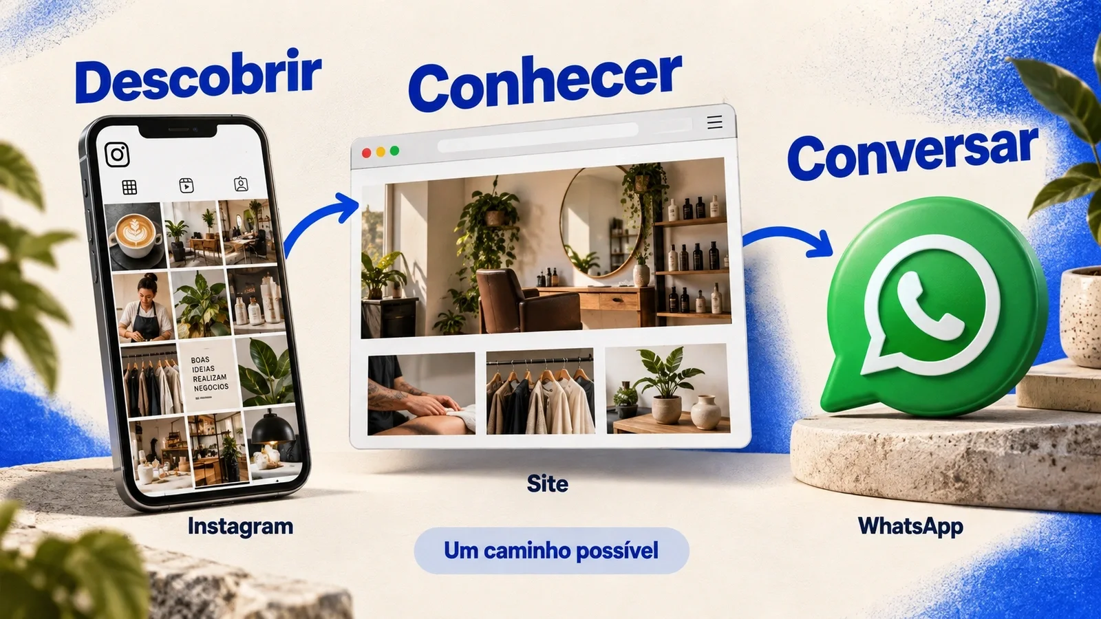 Ilustração de um caminho possível: descobrir no Instagram, conhecer no site e conversar pelo WhatsApp.