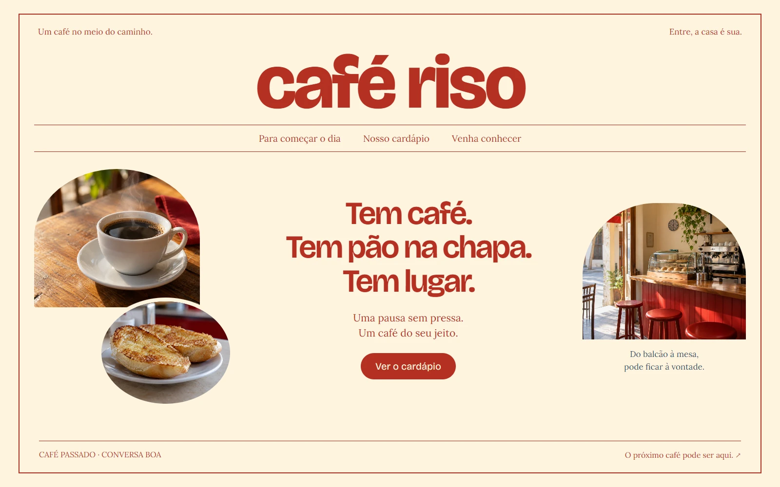 Site conceitual Café Riso, com balcão vermelho, café, pão na chapa e informações de visita.